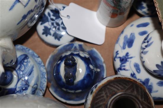 A large collection of 19th century Chinese blue and white vases, bowls, etc. and two famille rose pots